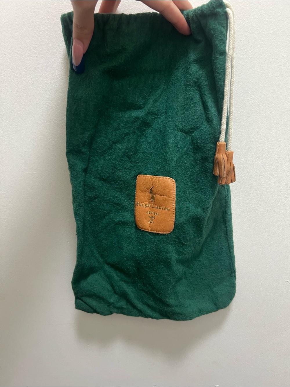 Ralph Lauren Dark Green Drawstring Dust Bag with Tan Leather Patch